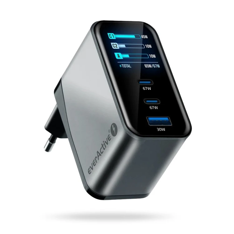 EVERACTIVE ŁADOWARKA SIECIOWA GAN 1 X USB, 2 X USB-C QUICK CHARGE 4+ 67W CZARNA SC-670Q