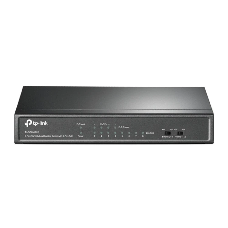 Switch TP-LINK TL-SF1008LP Przełącznik typu desktop, 8 portów 10/100 Mb/s, 4 porty PoE , 8 portów RJ45 10/100 Mb/s, 4 porty PoE, transfer danych i zas