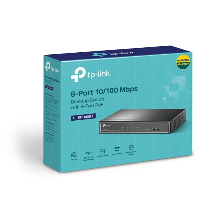 Switch TP-LINK TL-SF1008LP Przełącznik typu desktop, 8 portów 10/100 Mb/s, 4 porty PoE , 8 portów RJ45 10/100 Mb/s, 4 porty PoE, transfer danych i zas