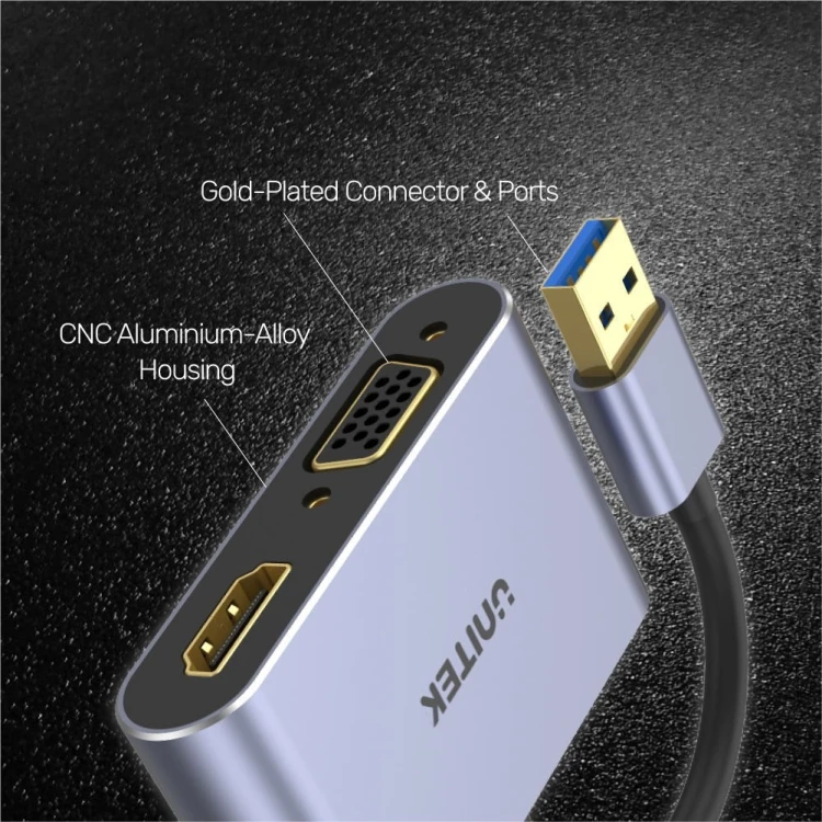 UNITEK V1304A adapter kablowy 0,15 m USB Typu-A HDMI + VGA (D-Sub) Szary