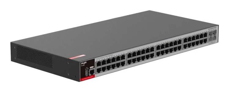 Zarządzalny Switch Ruijie L2+ | 48 portów 1Gbit + 4 porty SFP 2.5Gbit | 2 wentylatory, 1 wbudowany zasilacz AC | Rack