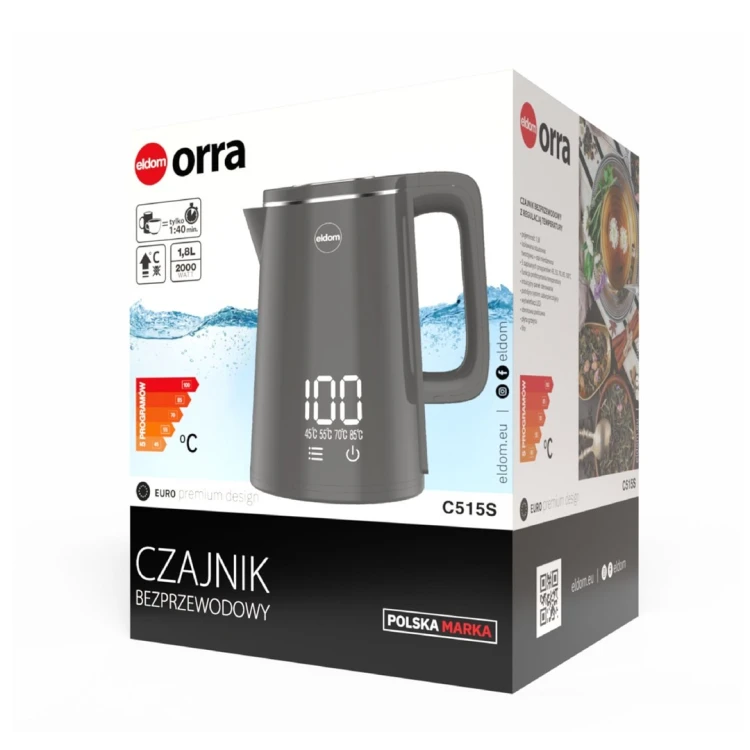 ELDOM CZAJNIK BEZPRZEWODOWY C515S ORRA 1,8L 2000W, SZARY, 5 PROGRAMÓW 45,55,70,85,100°C, PODTRZYMYWANIE TEMPERATURY