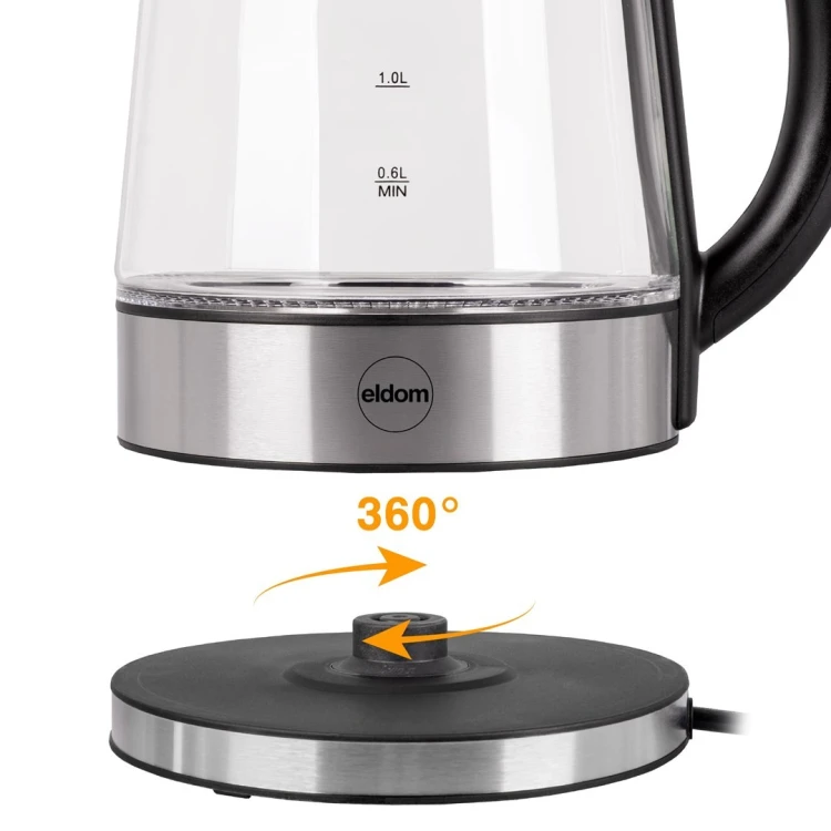 ELDOM SZKLANY CZAJNIK BEZPRZEWODOWY C420 KETTY 1850-2200W 1,7L FILTR SIATKOWYPODŚWIETLANY ZBIORNIK, PŁYTA GRZEJNA