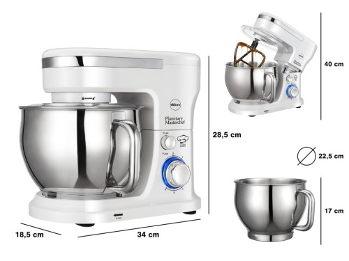 ELDOM ROBOT PLANETARNY WRK1300 DULCE, 1300W, 5L , TRY KOŃCÓWKI DO UBUJANIA, MISZANIA, UGNIATANIW, WYJMOWANA METALOWA MISA
