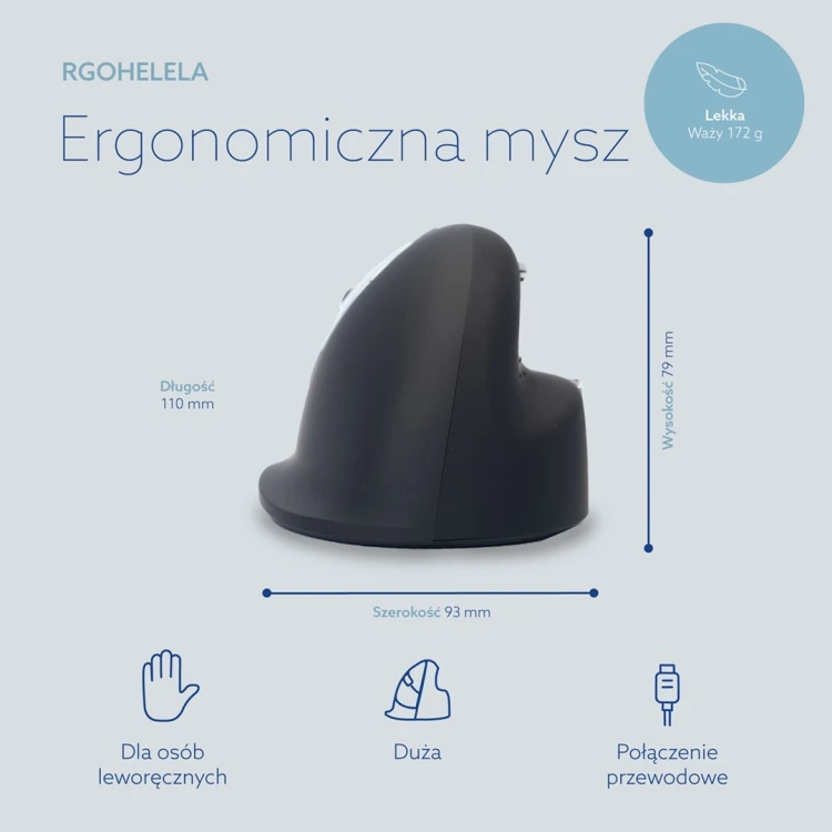 Ergonomiczna mysz R-Go HE leworęczna USB czarna/srebrna