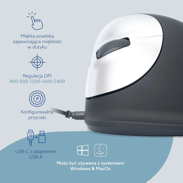 Ergonomiczna mysz R-Go HE leworęczna USB czarna/srebrna