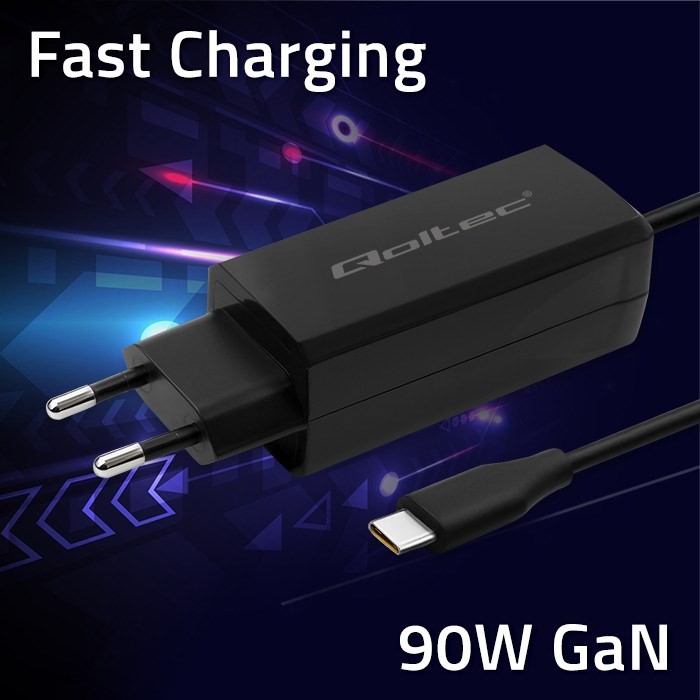 QOLTEC ŁADOWARKA SIECIOWA 90W GAN | 5-20V | 3-4.5A | USB-C 3.1