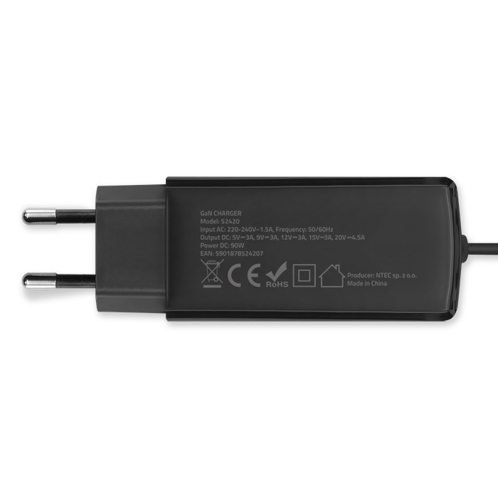 QOLTEC ŁADOWARKA SIECIOWA 90W GAN | 5-20V | 3-4.5A | USB-C 3.1