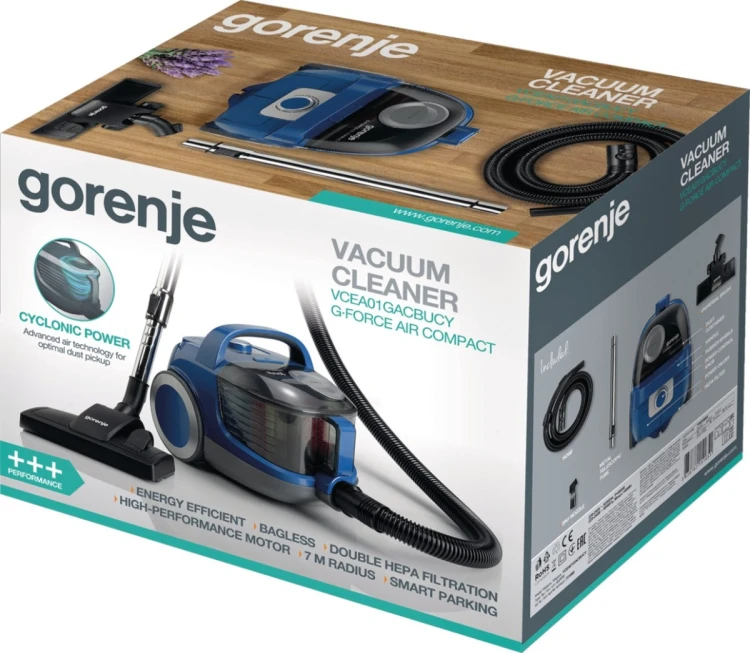 Odkurzacz Gorenje VCEA01GACBUCY bezworkowy, moc 800 W, pojemność kurzu 2.2 L, kolor niebieski