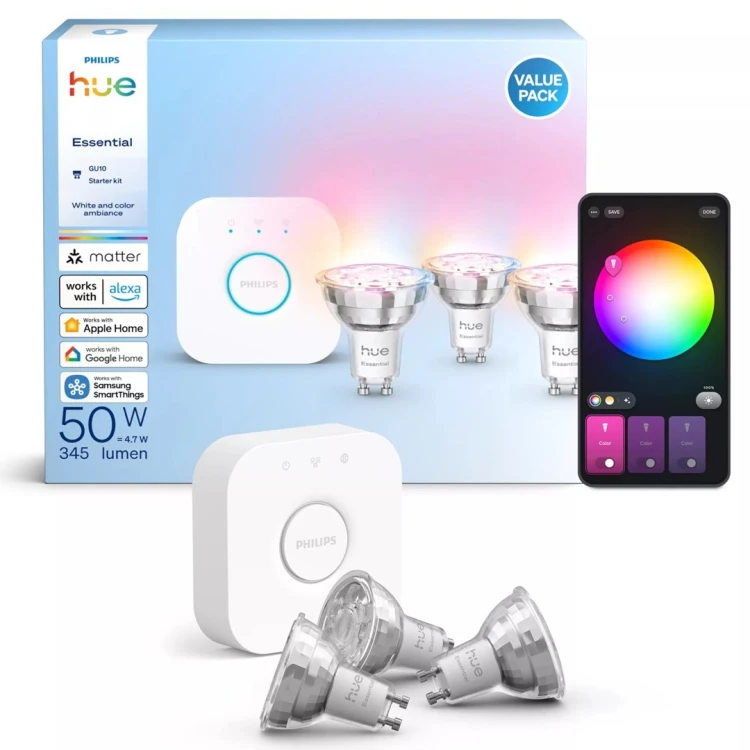 Philips Hue White and color ambiance Podstawowy zestaw startowy: 3 inteligentne żarówki z trzonkami GU10 (345 lm)