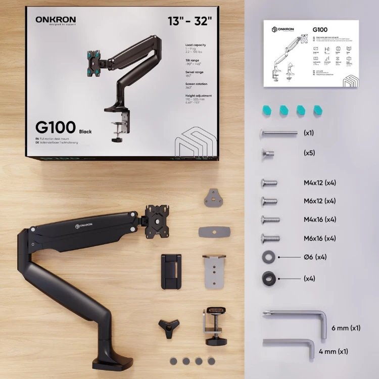 ONKRON Uchwyt biurkowy do monitora 13-32"czarny G100-B