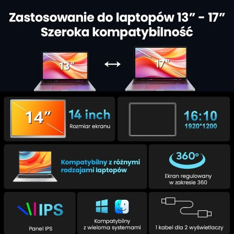 EXTRALINK SMART LIFE 14" 2-SCREEN MONITOR FOR LAPTOPS 12" TO 17.3"