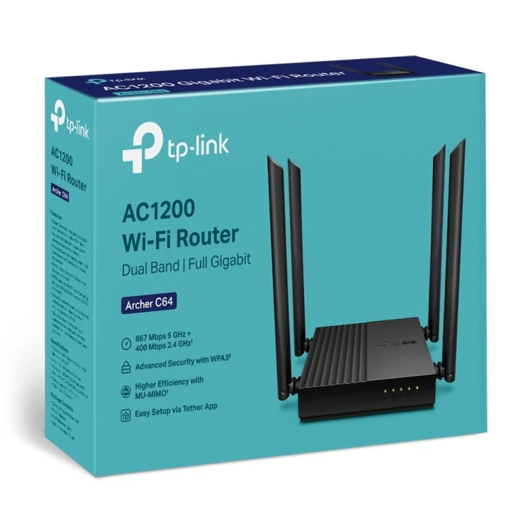 Router TP-LINK Archer C64 Obsługa standardu Wi-Fi 802.11ac Wave2 – 867 Mb/s w paśmie 5 GHz i 400 Mb/s w paśmie 2,4 GHz†.