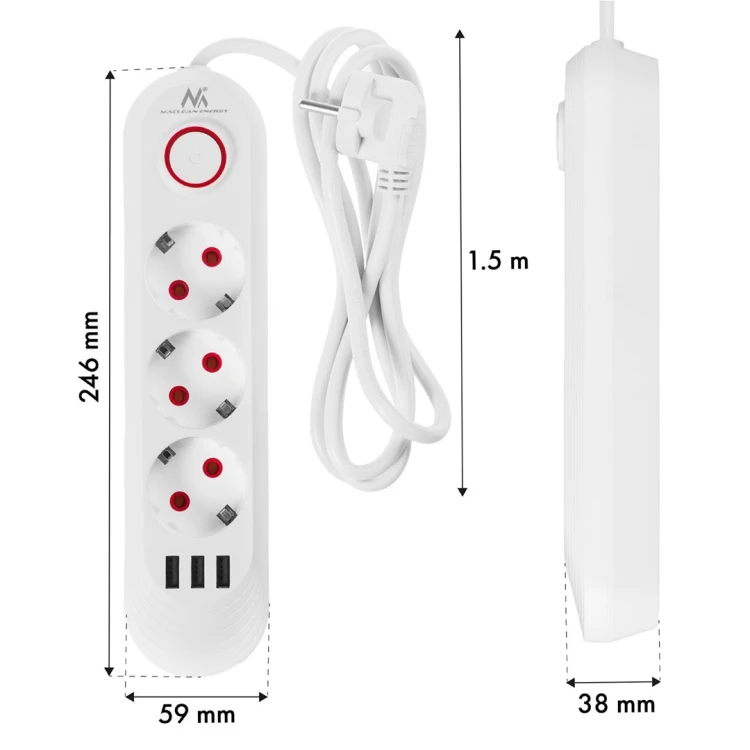 MACLEAN LISTWA ZASILAJĄCA, PRZEDŁUŻACZ 3 GNIAZDA + 3XUSB, 110-240V AC 50/60HZ, 2.1A MAX 2500W, 1,5M, BIAŁA MCE394 W