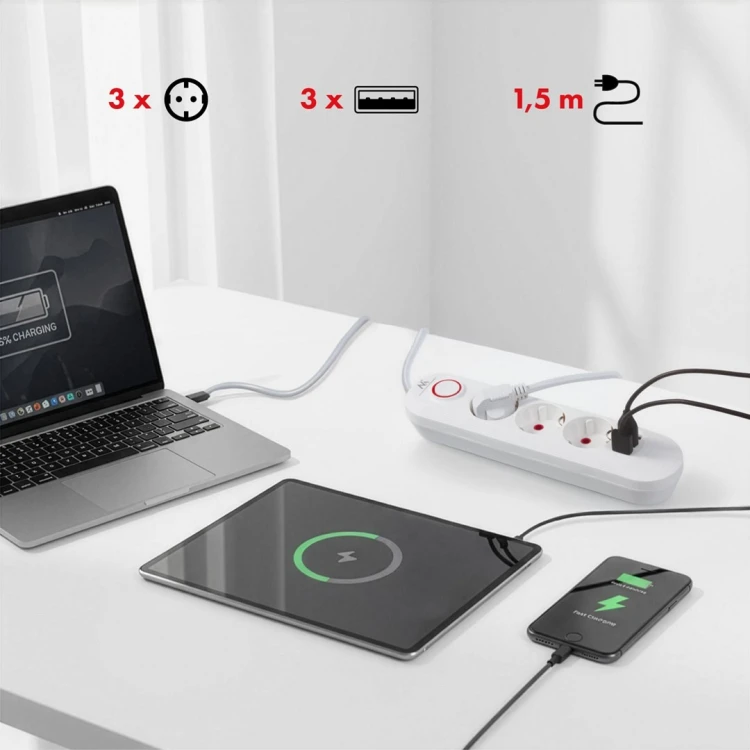 MACLEAN LISTWA ZASILAJĄCA, PRZEDŁUŻACZ 3 GNIAZDA + 3XUSB, 110-240V AC 50/60HZ, 2.1A MAX 2500W, 1,5M, BIAŁA MCE394 W