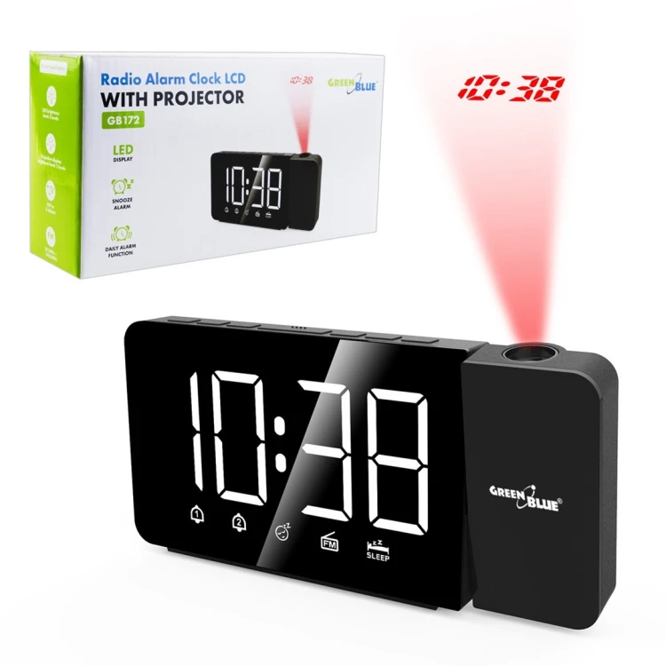 GREENBLUE RADIOBUDZIK CYFROWY LED Z PROJEKTOREM GREENBLUE,RADIO FM, ALARM, ZEGAR 12/24, ZASILANIE USB 5V DC + CR2032 GB172