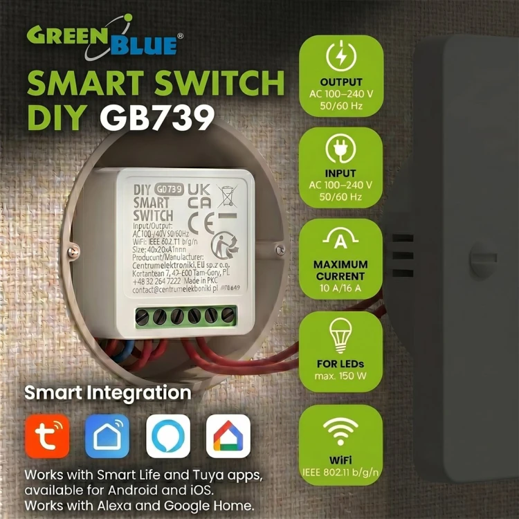 GREENBLUE PRZEKAŹNIK WIFI DOPUSZKOWY, ANDROID/IOS/ALEXA/GOOGLE HOME,100-240V AC, 50/60HZ, MAX.16A, DLA LED 150W GB739