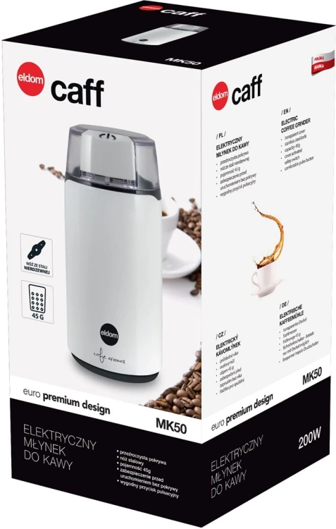 ELDOM MŁYNEK DO KAWY MK50 CAFF, MOC 200 W, NÓŻ STALOWY, PRZYCISK PULSACYJNY