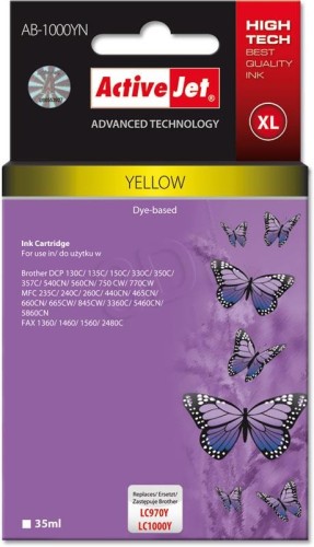 Activejet AB-1000YN Tusz (zamiennik Brother LC1000Y/970Y; Supreme; 35 ml; żółty). Drukuje więcej o 550%.