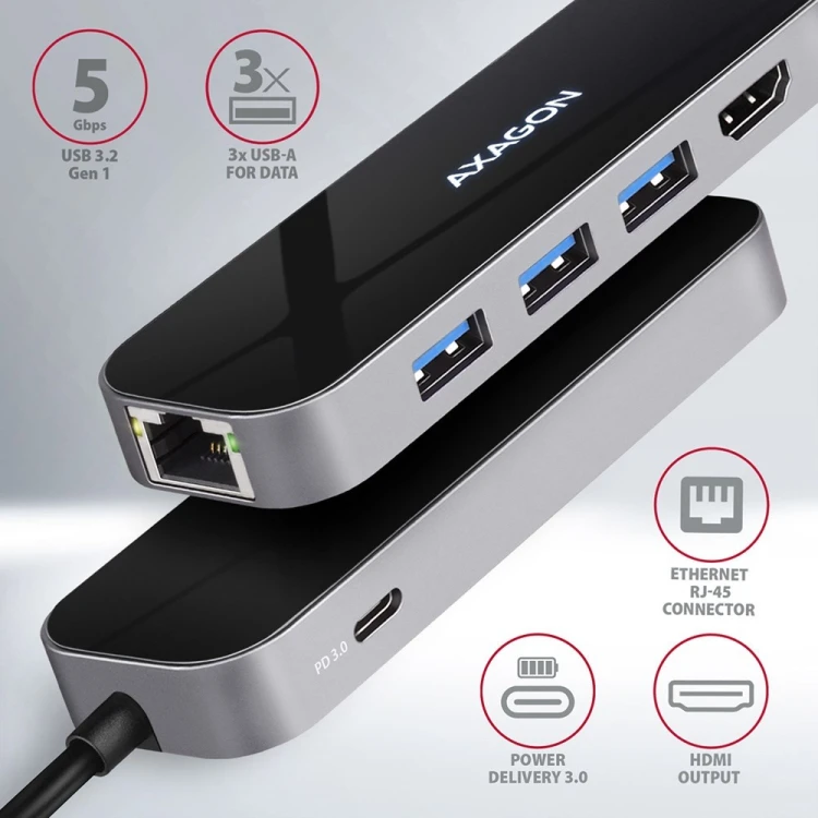 Axagon HMC-6GL stacja dokująca USB 3.2 Gen 1 (3.1 Gen 1) Type-C Czarny, Szary
