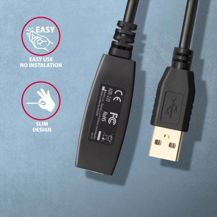 Kabel Axagon ADR-220 USB 2.0 A-M -> A-F active extension/repeater cable 20m Czarny