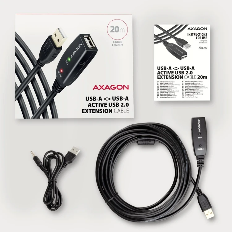 Kabel Axagon ADR-220 USB 2.0 A-M -> A-F active extension/repeater cable 20m Czarny