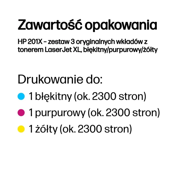 HP 201X – zestaw 3 oryginalnych wkładów z tonerem LaserJet XL, błękitny/purpurowy/żółty