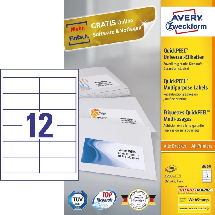 Avery 3659 samoprzylepne etykiety Prostokąt Na stałe Biały 1200 szt.