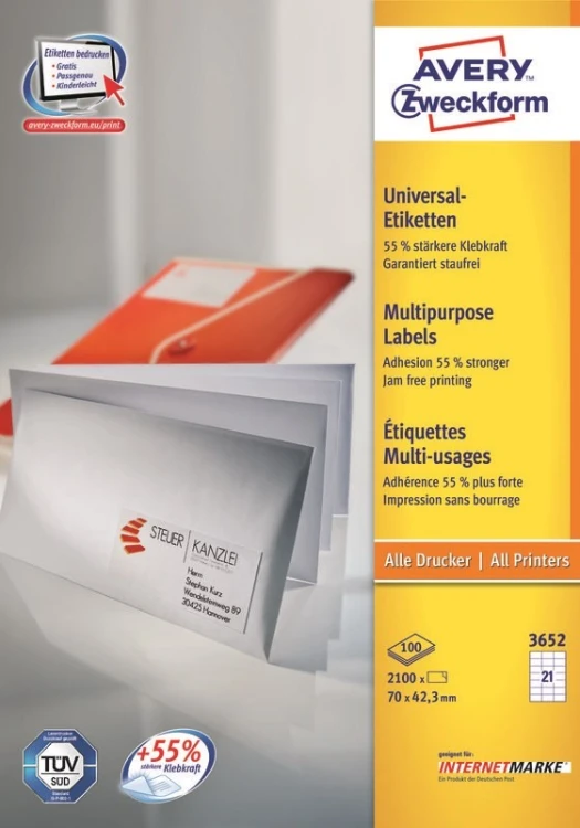 Avery 3652Z samoprzylepne etykiety Prostokąt Biały 2100 szt.