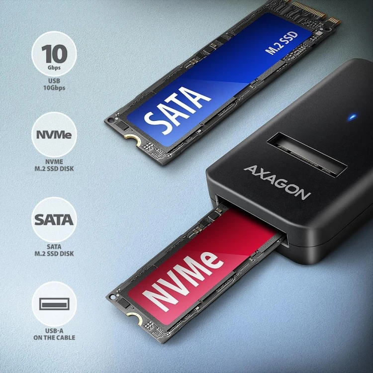 Obudowa SSD Axagon ADM2-AM USB-A 10Gbps - M.2 NVMe & SATA SSD adaptér, kabelis USB-A 10cm Czarny