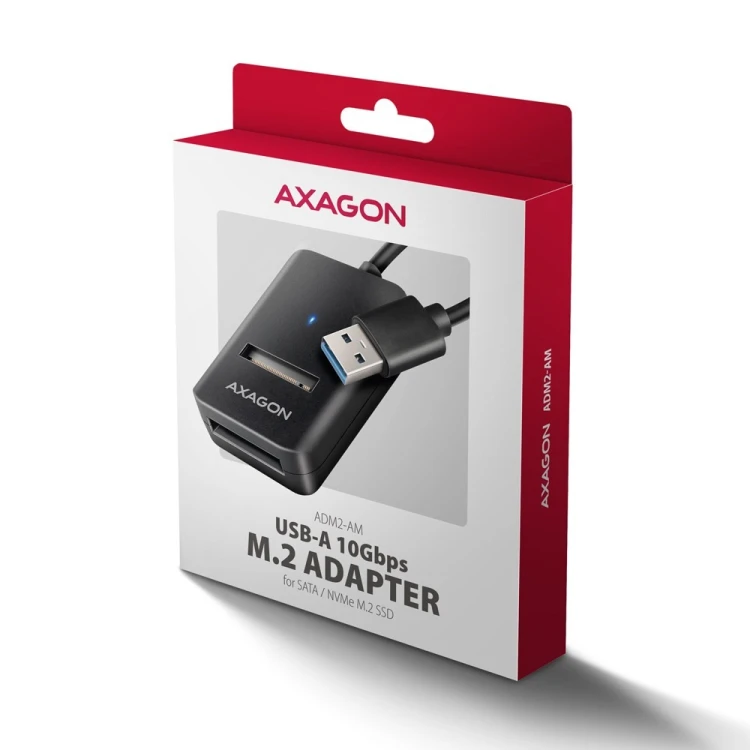 Obudowa SSD Axagon ADM2-AM USB-A 10Gbps - M.2 NVMe & SATA SSD adaptér, kabelis USB-A 10cm Czarny