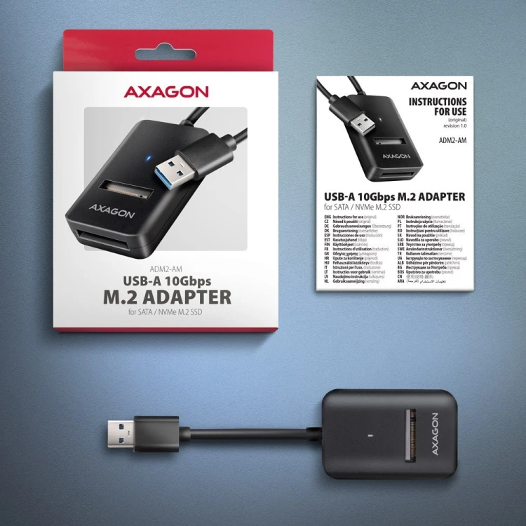 Obudowa SSD Axagon ADM2-AM USB-A 10Gbps - M.2 NVMe & SATA SSD adaptér, kabelis USB-A 10cm Czarny