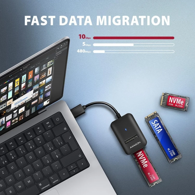 Obudowa SSD Axagon ADM2-AM USB-A 10Gbps - M.2 NVMe & SATA SSD adaptér, kabelis USB-A 10cm Czarny