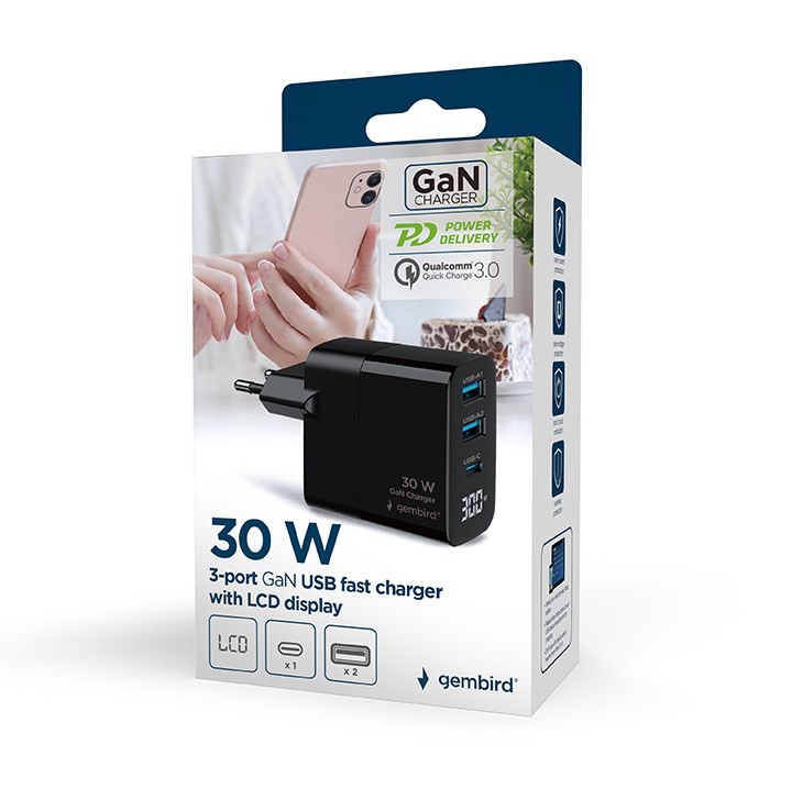 GEMBIRD 3-PORTOWA SZYBKA ŁADOWARKA SIECIOWA GAN (PD) USB (2X USB-A + 1X USB TYP-C), 30W, LCD, CZARNA