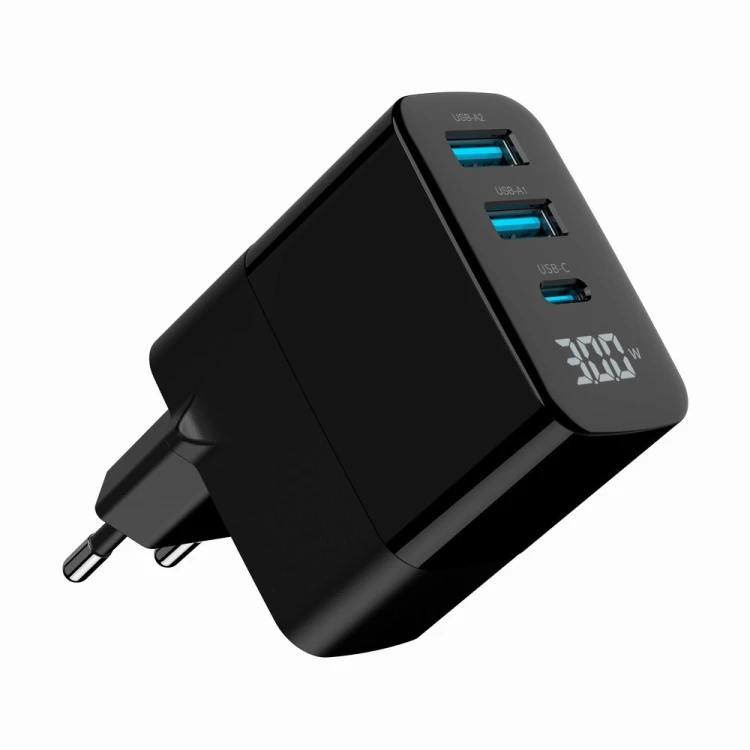 GEMBIRD 3-PORTOWA SZYBKA ŁADOWARKA SIECIOWA GAN (PD) USB (2X USB-A + 1X USB TYP-C), 30W, LCD, CZARNA