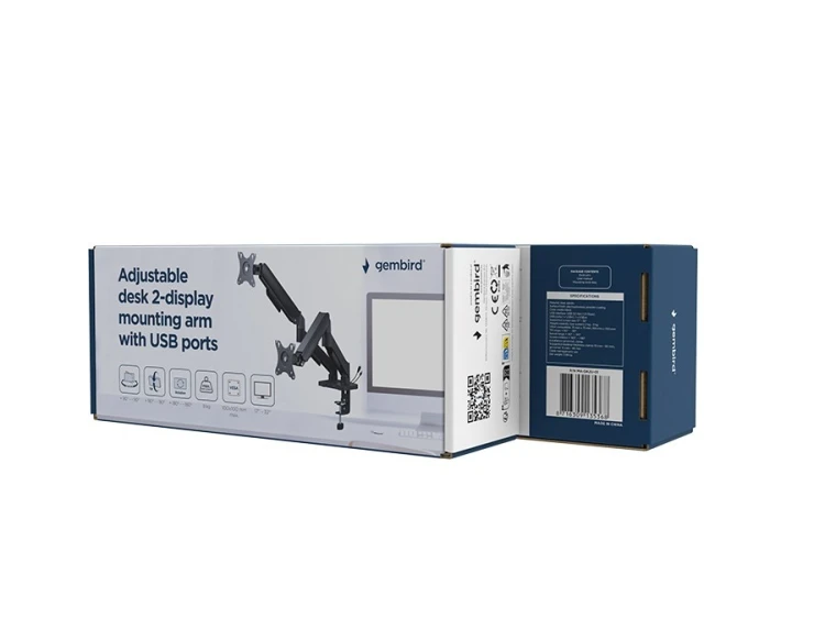 GEMBIRD BIURKOWE RAMIĘ NA DWA MONITORY Z PORTAMI USB (REGULOWANE), OD 17" DO 32", OBCIĄŻENIE DO 9 KG