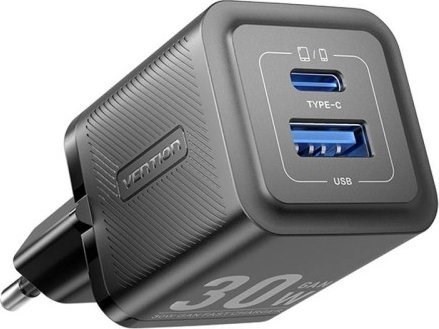Ładowarka Vention 1x USB-A 1x USB-C GaN 30W czarna