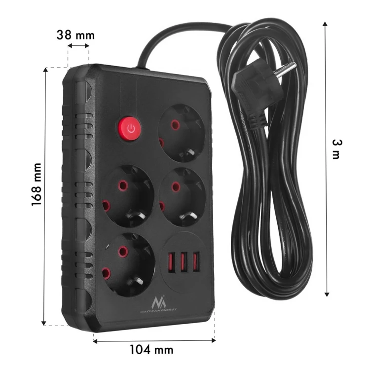 MACLEAN LISTWA ZASILAJĄCA, PRZEDŁUŻACZ 4 GNIAZDA + 3XUSB, 110-240V AC 50/60HZ, 2.1A MAX 2500W, 3M, CZARNA, MCE393 B