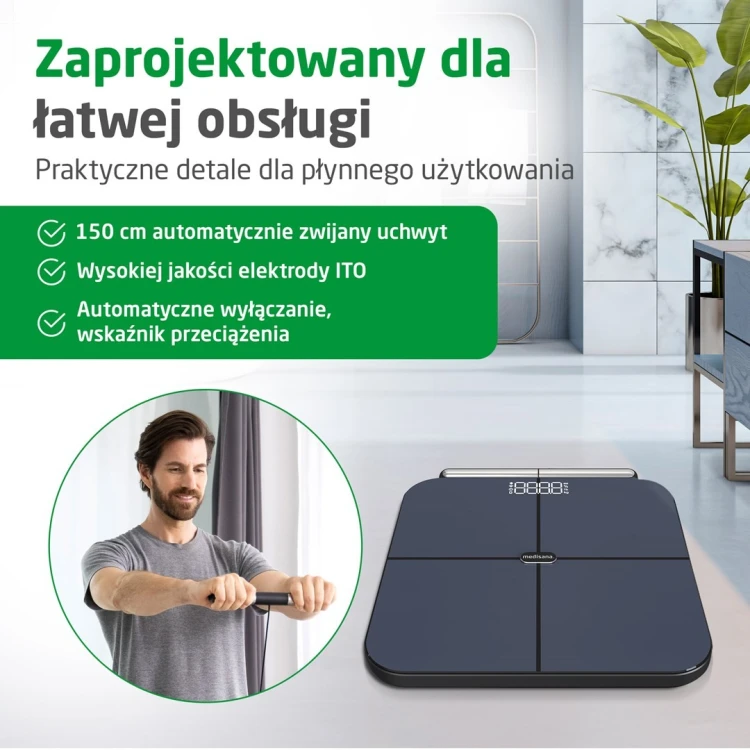 Holistyczna 8-punktowa waga analityczna Medisana BS 850 do 180 kg |VitaDock | pomiar całego ciała | antracytowy