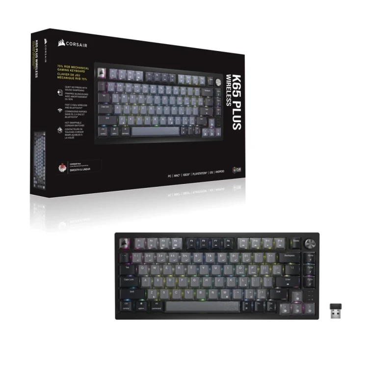 Corsair K65 PLUS WIRELESS 75 % RGB klawiatura Gaming RF Bezprzewodowy + USB QWERTY Angielski Czarny