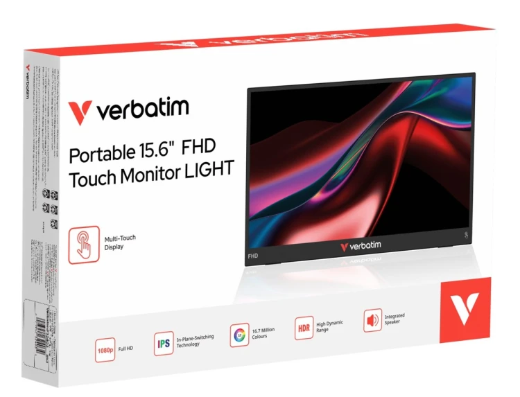 Verbatim Portable 15.6" FHD Touch Monitor LIGHT Przenośny monitor Czarny 39,6 cm (15.6") LCD 1920 x 1080 px