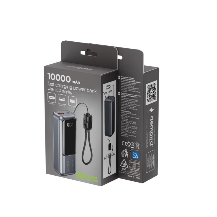 GEMBIRD POWERBANK O POJEMNOŚCI 10000MAH, WYŚWIETLACZ LCD, SZYBKIE ŁADOWANIE 20W, KOLOR SZARY