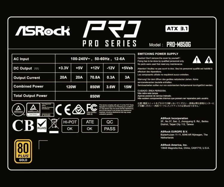 Zasilacz Asrock PRO-M850G 850W 80 PLUS Gold