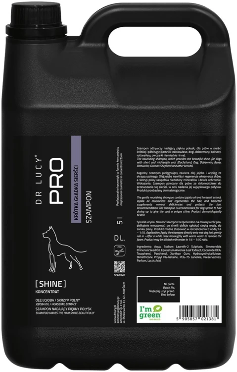 Szampon odżywczy dla psów o krótkiej gładkiej sierści Dr Lucy Pro Shine - 5 l