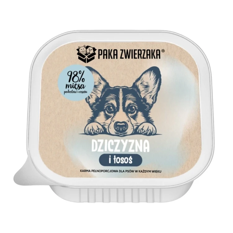 Paka Zwierzaka dziczyzna i łosoś mokra karma dla psa tacka 150g
