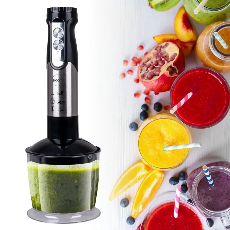 ELDOM BLENDER WIELOFUNKCYJNY BL250 VEXI 800W CZARNO-SREBRNY METALOWA KOŃCÓWKA DO ROZDRABNIANIA, POJEMNIK Z NOŻEM SIEKAJĄCYM O
