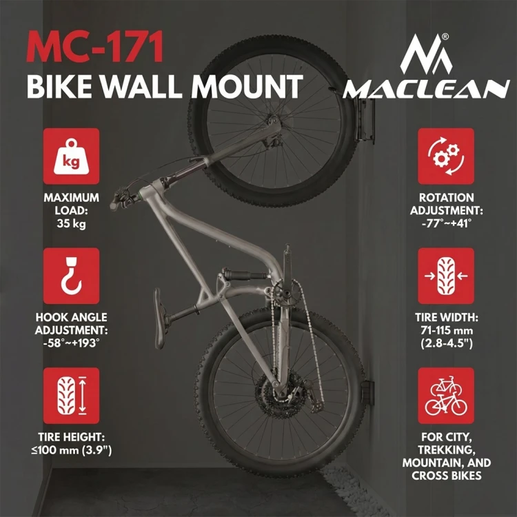 MACLEAN ROWEROWY UCHWYT / WIESZAK ŚCIENNY, MAX. OBCIĄŻENIE 35KG, REGULACJA KĄTA POCHYLENIA, STAL MC-171
