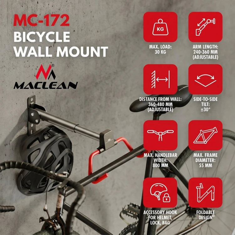 MACLEAN ROWEROWY UCHWYT / WIESZAK ŚCIENNY, POZIOMY, STAL, MAX. OBCIĄŻENIE 30KG, REGULACJA KĄTA MC-172