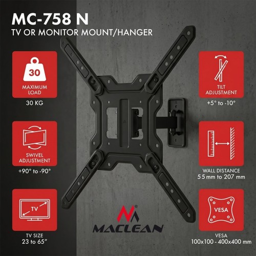 MACLEAN UCHWYT / WIESZAK DO TV LUB MONITORA, MAX. 23-65", MAX. OBCIĄŻENIE 30KG, UNIWERSALNY, MAX. VESA 400X400 MC-758 N