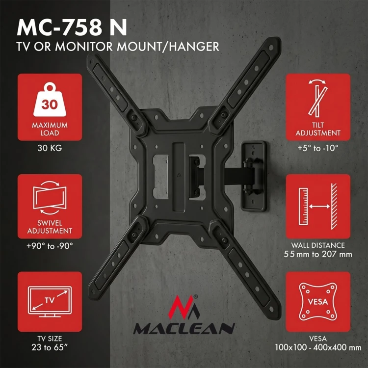 MACLEAN UCHWYT / WIESZAK DO TV LUB MONITORA, MAX. 23-65", MAX. OBCIĄŻENIE 30KG, UNIWERSALNY, MAX. VESA 400X400 MC-758 N